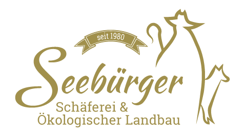 Grafik: Schriftzug Seebürger, darunter Schäferei und ökologischer Landbau mit Illustration Schäfer mit Hund daneben und Banner oben