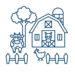 Grafik: Illustration eines Bauernhofes mit Stall und Tieren davor und darin, Baum daneben und Zaun davor