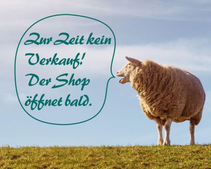 Foto-Montage: Schaf mit offenem Mund auf einer Grasdüne. Links daneben eine grüne Sprechblase mit Text.